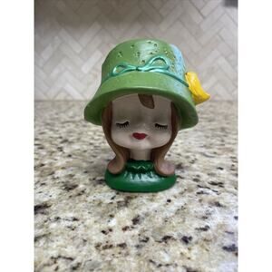 Vintage Hand-painted Ceramic Head Vase Girl With Bonnet & Bird